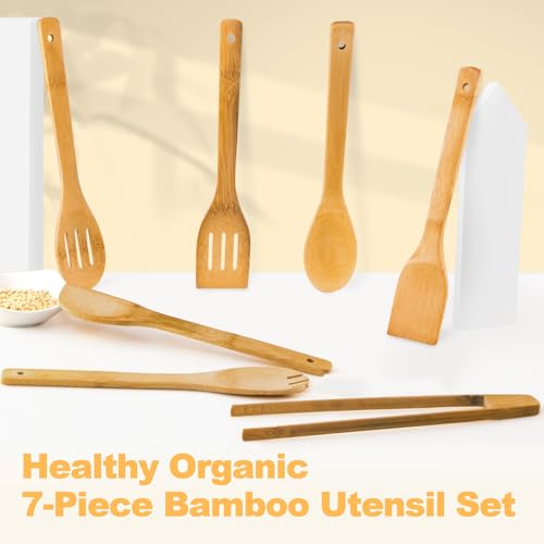 Eisinly Wooden Spoons for Cooking 7-Piece, Kitchen Nonstick Bamboo Cooking Utensils Set, Carbonized Bamboo Durability Spatula Spoon for Everyday Use