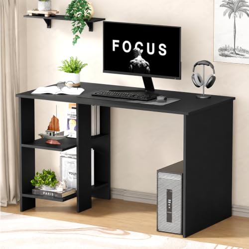 Image of Lukzer Engineered Wood Computer Desk with One Tier Shelves Laptop Study Table for Office Home Workstation Writing Modern Desk (ST-007 /Black / 100 x 50 x 77 cm)