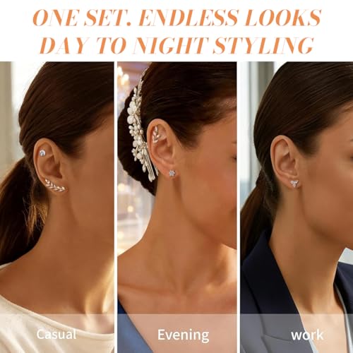 Image of SANNIDHI Earrings Set for Women Girls Gold Rhinestone Stud Earring Stainless Steel Cartilage Hypoallergenic Earrings Combo Set for Multiple Piercing