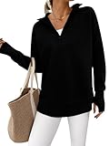 PRETTYGARDEN Womens Long Sleeve Quarter Zip Pullover Sweater Casual Loose V Neck Collared Ribbed Knit Jumper Tops Thumb Hole(Black,Large)