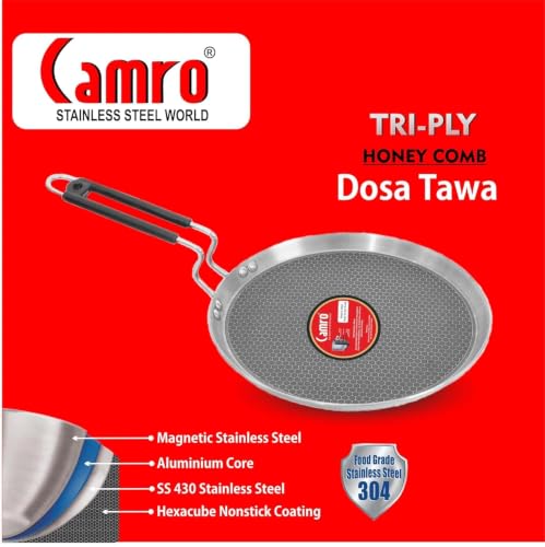 Image of Camro Tawa for Roti and Dosa | Steel Triply Honeycomb Tawa 32 cm | Induction Base Dosa Tava Non Stick | Perma-Cool Handles | Base & Induction Compatible | Metal Spoon Friendly | Sturdy Handles