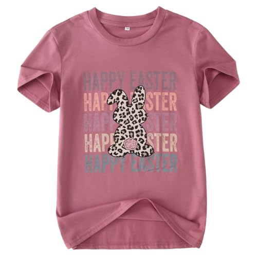 Image of Kid Girls Easter Shirts Happy Easter T-Shirt Funny Leopard Bunny Outfit Short Sleeve Tees Tops Holiday Clothes 7-12Y