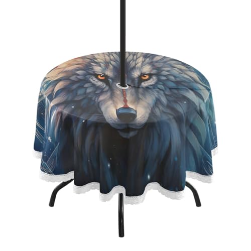 Wajiw 60 Inch Indoor Outdoor Round Tablecloth with Umbrella Hole and Zipper Waterproof Patio Table Cover for Camping Dining Room Party Outdoor Picnic,Wolf