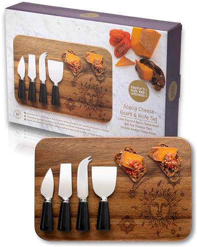 4 Piece Cheese Knife Set & Acacia Board - Stylish Cheese Knives Gift Set With Acacia Wood Board. Black Coloured Ceramic Handles & Classic Polished Stainless Steel Blades. 10 Year Guarantee.