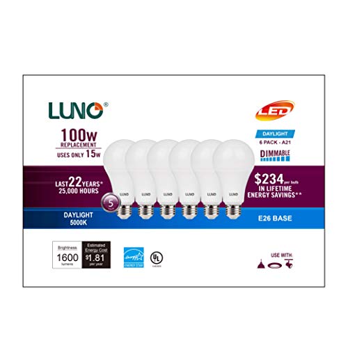 Luno A21 Dimmable Led Bulb, 15W (100W Equivalent), 1600 Lumens, 5000K (Daylight), Medium Base (E26), Ul & Energy Star (6-Pack) #TOP1