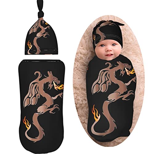 Image of AuHomea Fire Angry Dragon Newborn Swaddle Blanket Soft Unisex Infant Swaddle Wrap Blanket Baby Receiving Blanket with Beanie Hat for Boy and Girl