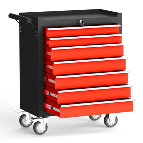 Gornoxblif 7-Drawers Black&Red Metal Rolling Tool Chest with Wheels,Tool Storage Cabinet with...
