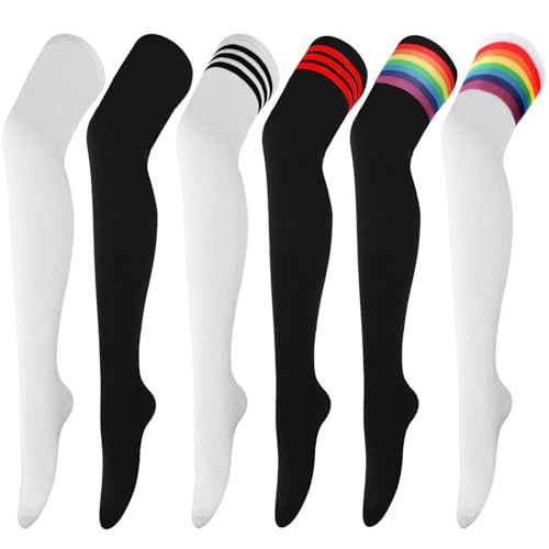Image of AQOKKA Extra Long Thigh High Socks for Women Striped Over Knee Thigh Socks Long Boot Thigh High Stockings Leg Warmers