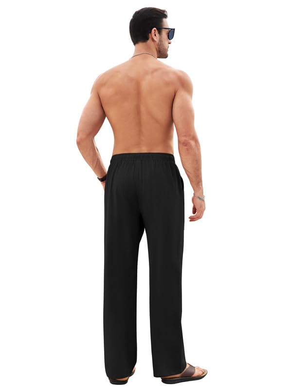 Litthing Pantalones de Lino para Hombre Pantalon de Jogging Algodón Pants Casuales de Verano con Bolsillos Color Sólido Pantalones Holgados con Cordón Pantalon Cómodos y Ligeros