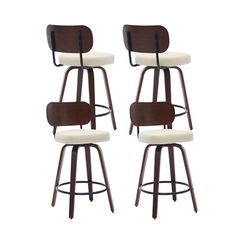 Image of Shenyon Counter Stools Set of 4, 26 inch Swivel Counter Height Bar Stools with Walnut Back,Upholstered PU Leather, Bentwood Legs, Mid Century Modern Bar Chairs for Kitchen Island, Beige