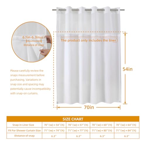 eachope 1 Pack Fabric Snap-in Shower Curtain Liner Replacement,Compatible with No Hook Shower Curtain with Snap in Liner, Removable & Water-Repellent,Machine Washable,70x54,White