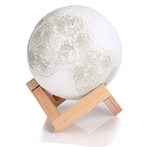 Enchanted 3D LED Night Light Moon Lamp,with Wooden Dock, Warm and Cool 3 Colors Dimmable Brightness Adjustment, Best Home Bedroom Decorative Luna Lamp Light and Romantic Gift (5.12In)