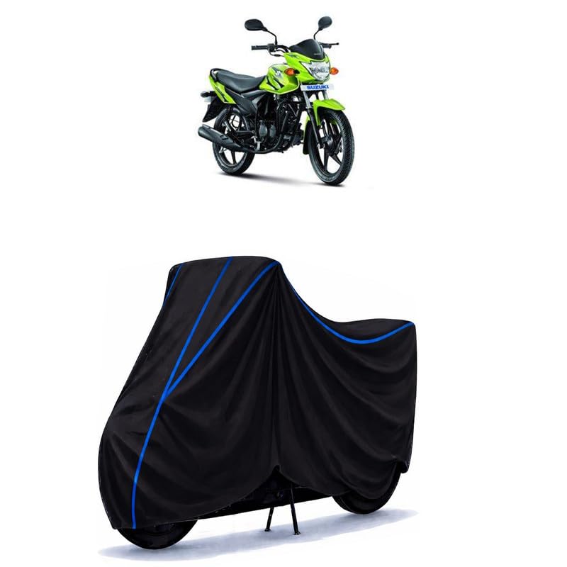Image of Suzuki Hayate 125 ABS BS6 Bike Cover Water Resistant Universal Motorcycle Rain | Heavy Duty UV Protection, Dust, Scratch Indoor Outdoor All Weather with Black Blue Piping Elastic