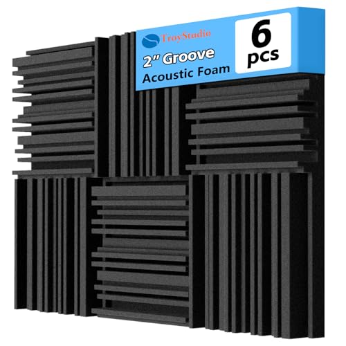 TroyStudio Thick Acoustic Foam Panels, 12 X 12 X 2 Inches 6 Pcs Broadband Sound Absorbing Foam, Dense Soundproof Padding Tile, Recording Studio Foam Absorber, Groove Decorative 3D Wall Ceiling Panel
