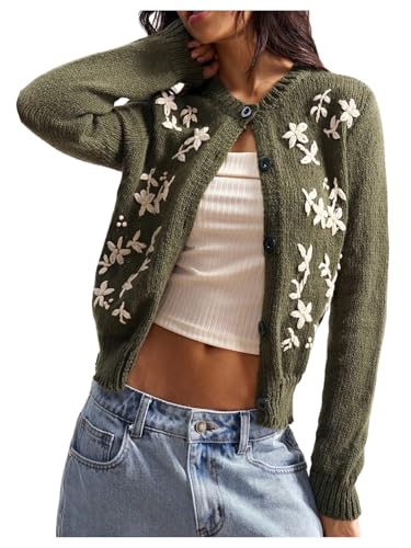 OYOANGLE Women's 3D Floral Button Down Cardigan Sweater Long Sleeve Crew Neck Knitted Sweaters