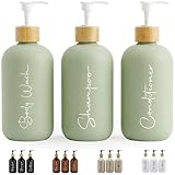 FCINNOVA Dispensador Jabon Baño Verde Matcha 500ml Set de 3 Botes para Gel y Champu Acondicionador Embudo para Rellenado Este Dosificador Jabon Baño es Elegante practico y mantendra su Ducha ordenada