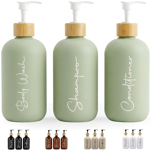 FCINNOVA Dispensador Jabon Baño Verde Matcha 500ml Set de 3 Botes para Gel y Champu Acondicionador Embudo para Rellenado Este Dosificador Jabon Baño es Elegante practico y mantendra su Ducha ordenada