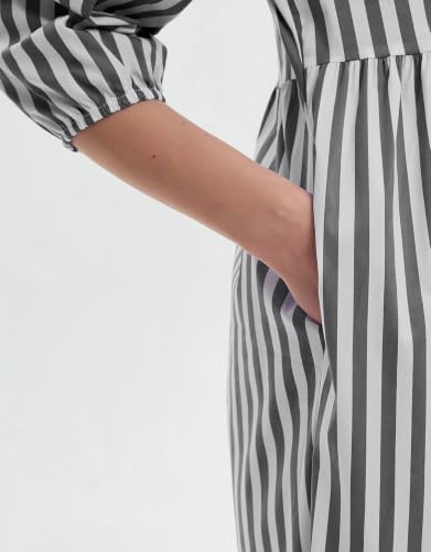 Image of EZAPINE Womens Babydoll Striped Shirt Midi Dress Puff Long Sleeve Collared Button Tunic Flowy Swing Dresses
