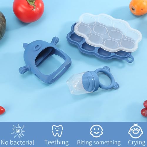 Baby Fruit Feeder & Breastmilk Popsicle Molds – (3-Pack) Teething Relief Set with Mesh & Silicone Pacifiers, Freezer Tray, Food Feeder for 0–12 Months, BPA Free – (Steel Blue) - Thumbnail 2