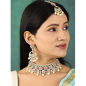 Priyaasi Pink Kundan Pearl Jewelry Set for Women with Mang Tikka | Gold-Plated | Floral-Leaf Design | Indian Bridal Jewelry Set for Wedding | Jhumka Earring | Alloy Metal | Bridesmaid Jewelry Set - immagine 3