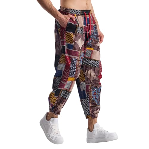 MakingDa Herren-Jogginghose aus Baumwolle mit elastischem Bund, Paisley bedruckter, Hippie-Stil Weite Beinhose, Lockere Passform, bequem für Strand, Spazierengehen, Laufen und Joggen-JK62-1-M