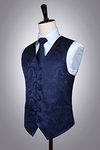 Hisdern Men's Vests Navy Blue Paisley Floral Dress Suit Vest Tie Set Jacquard Necktie Pocket Square Formal Waistcoat For Wedding Prom Tuxedo 3Pcs #TOP6