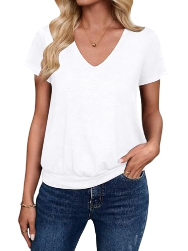 Sialois Short Sleeve Shirts for Women V Neck Tops T Shirt Fashion Trendy Basic Casual Blouse Cute Tunic Banded Bottom Tee Summer Spring Outfits Beach Vacation Essentials Holiday Clothes 2026,White,L