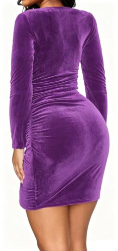 Image of SeNight Women's Sparkly Bodycon Dress V Neck Long Sleeve Ruched Mini