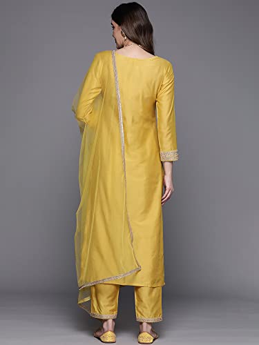 Image of INDO ERA Women's Silk Embroidered Straight Kurta With Pant & Dupatta Set
