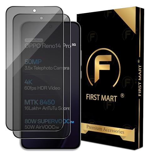 Image of FIRST MART Privacy Tempered Glass for Oppo Reno 14 Pro, 2 Pack | Anti-Spy 9H Screen Protector, Edge-to-Edge, Case-Friendly, Scratch Resistant, Bubble-Free
