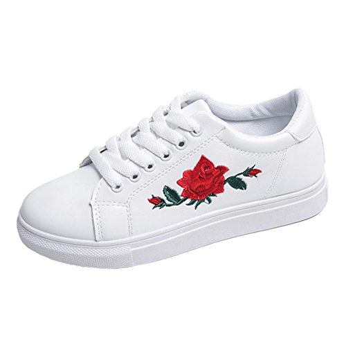 Juleya Baskets Basses pour Femme - Chaussures décontractées à Lacets pour Femmes Baskets Basses à la Mode pour Femme avec Fleurs brodées Blanc/Rose/Noir