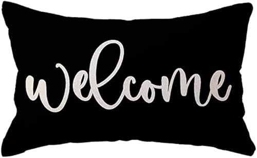 DCLINA Welcome Throw Pillow Case,12×20 Inch Housewarming Gifts Black Decorative Rectangular Waist Cushion for Sofa Beach Porch Bench Home Decor Case (Welcome, Black), FS065, 12x20 inches