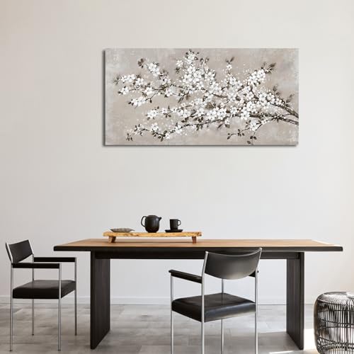Image of VEAEE White Blossom Branches Wall Art, Floral Canvas Prints, Living Room Decor Abstract Flowers Painting Canvas Pictues, Contemporary Artwork Bedroom Office Kitchen Wall Decor Ready to Hang 24 inchx48 inch