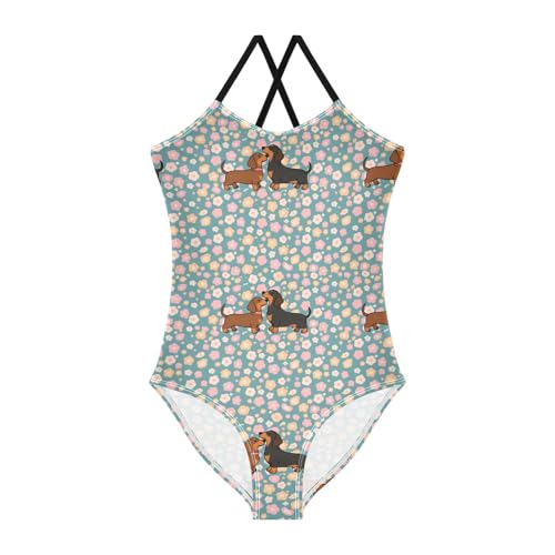 senya Girls Swimsuits One-Piece Swimwear Tie Bathing Suit Beach Summer Round Neck 9-10T Dachshund Pink Roses Pattern