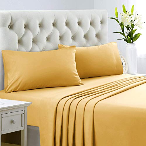 Homeideas Bed Sheets Set Extra Soft Brushed Microfiber 1800 Bedding Sheets - Deep Pocket, Wrinkle & Fade Free - 4 Piece(Queen,White & Gold) #TOP2