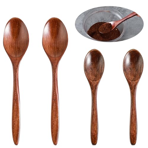 4Pcs Wooden Spoons Set, Wooden Soup Spoons Teaspoons for Honey Coffee Stirring Tea Sugar Condiment Soup Rice Mixing Stirring, Wood Korean Spoon for Utensils Set 6 Inch 7 Inch