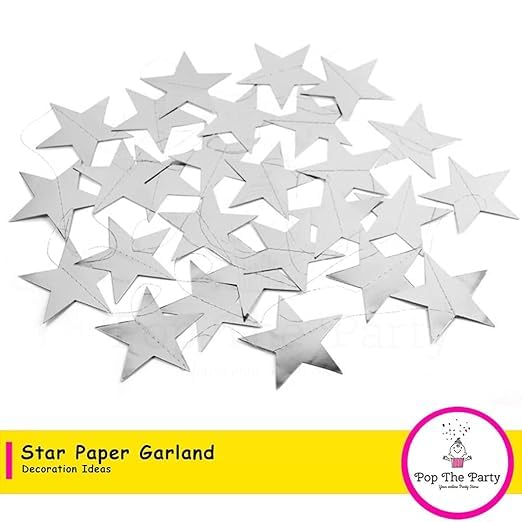 Image of Pop The Party Paper Star Garland Pack of 2 - Silver Hanging Stars for Birthday Decorations, Wedding, Festivals & Holiday Party Decor