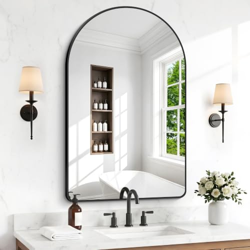 Image of BONEWEI Arched Wall Mirror,30x45 inch Black Arched Mirror Bathroom,Vanity Mirror for Over Sink Metal Frame,Tempered Glass Arch Mirrors for Bedroom,Entryway,Living Room,Home Decor Shatter-Proof