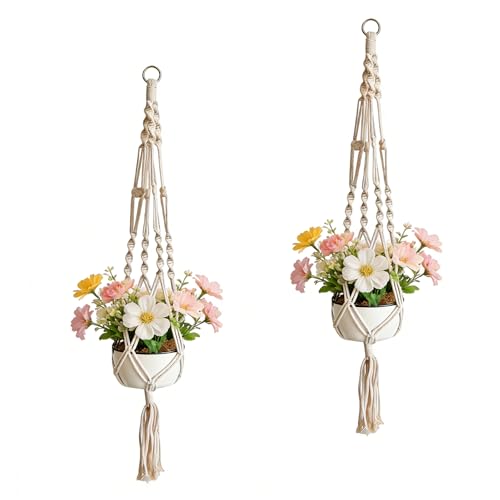 XRVRILE 2 Stück Makramee Blumenampel Hängend innen aus Baumwolle mit Metallring, Boho Deko für Hängetopf für Pflanzen, Hängeampel innen, Fensterdeko Hängend, Pflanzenampel für Balkon & Wohnzimmer
