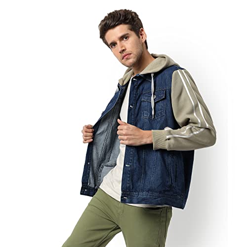 Image of Campus Sutra Men's Medium-Washed Blue & Green Regular Fit Denim Jacket For Winter Wear Hooded Collar Full Sleeve Buttoned Casual, Western Stylish