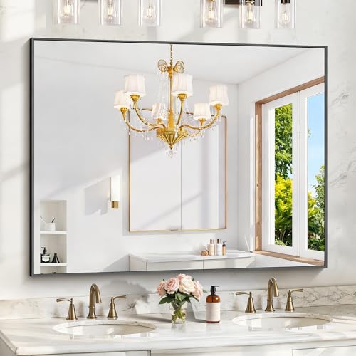 KOCUUY Black Mirror 48x36 Rectangle Bathroom Mirror for Over Sink HD Tempered Glass Anti-Rust Frame Modern Design for Bathroom Bedroom Living Room Entryway Hang Horizontal/Vertical