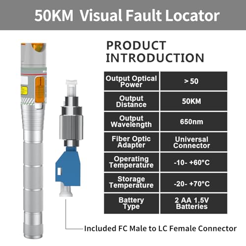 2pcs 50km range visual fault locator vfl included fc male to lc female adapter with 25mm universal connector red light pen for network cable test fiber optic source tester for fcscstlc