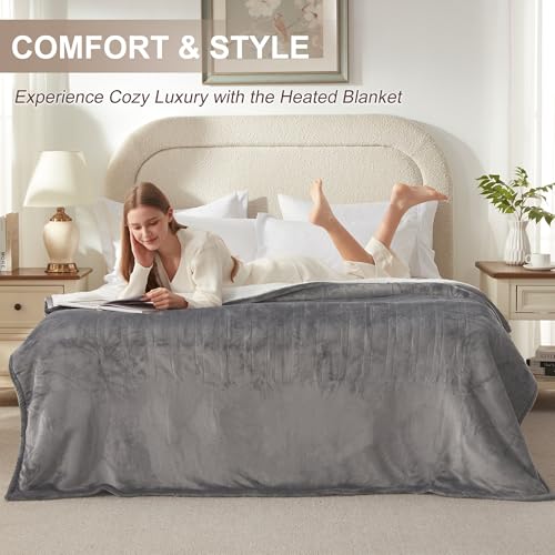 Electric Heated Blanket Full Size, Soft and Cozy Thickened Flannel and Sherpa Electric Blanket for Bed, Automatic Safety System 6 Heating Levels & 10 Hours Auto-Off, 72"x84" London Grey