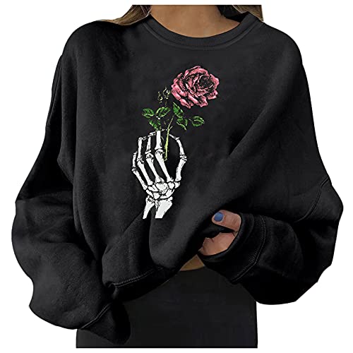 Crewneck Sweatshirts for Teen Girls Skeleton Hand Rose Sweatshirt Long Sleeve O Neck Pullover Tops