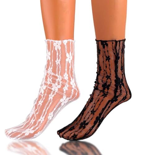 Image of Sheer Socks Floral Lace Ankle Socks See Through Loose Casual Sock Summer Breathable Sock for Women 2 Pairs