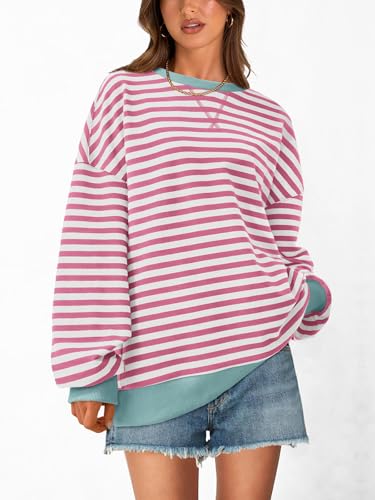 PRETTYGARDEN Women Oversized Striped Color Block Long Sleeve Crew Neck Sweatshirt Casual Loose Pullover Y2K Shirt Top (Pink White, X-Large) — view 3