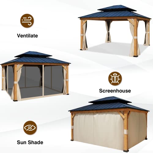 Erinnyees 15' X 13' Solid Wood Gazebo, Outdoor Metal Hardtop Roof With Privacy Curtains And Mosquito Netting, For Patio, Garden, Backyard #TOP2