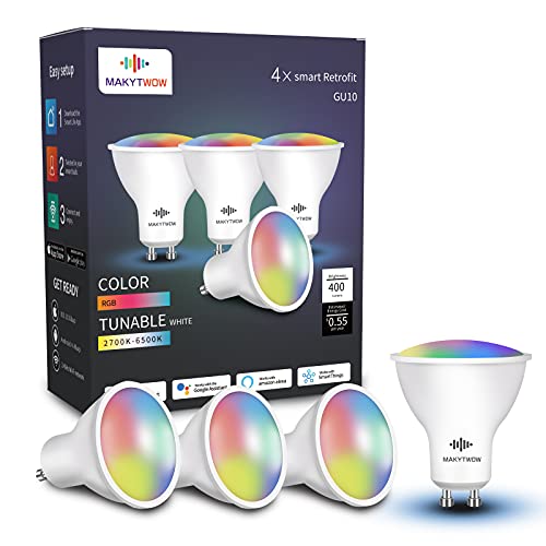 GU10 Smart Light Bulb, Compatible with Alexa, Google Home & SmartThings, LED Wi-Fi Spotlight Bulbs, 5W=50W, Multicolor, Dimmable, No Hub Required, for Track Lighting and Range Hood,4 Pack