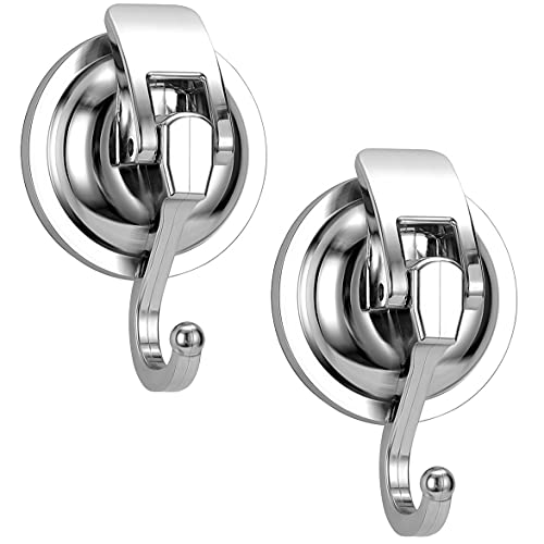 Suction Cup Hooks (2 Pack), Upgraded SuperLock Heavy Duty Suction Hooks for Tile, Glass and Mirror - Chorme Silver
