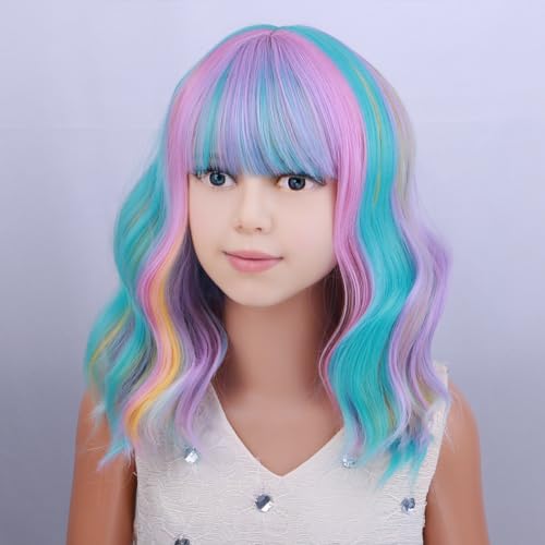 Image of PATTNIUM Multicolor Wig for Kids Rainbow Child Wig with Bangs Wavy Colorful Wigs for Girls Shoulder Length Heat Resistant Synthetic Wigs
